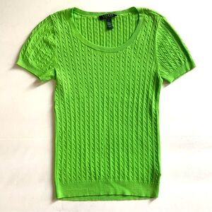 Ralph Lauren Green Cable Knit Sweater Small Women Short Sleeve Bright Cotton